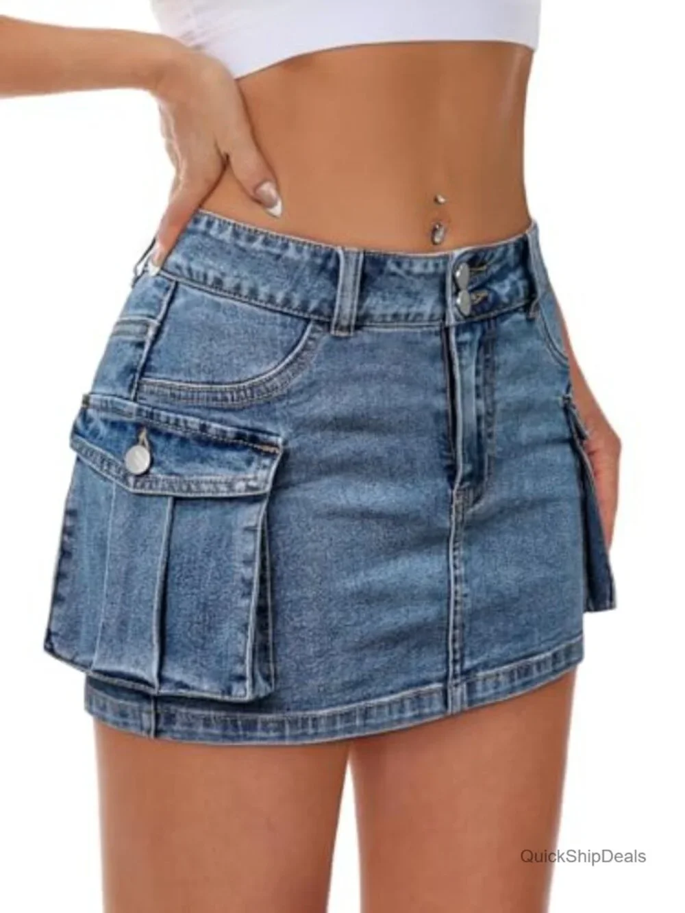 Women Denim Mini Skirt Y2K Low Rise Flap Pockets